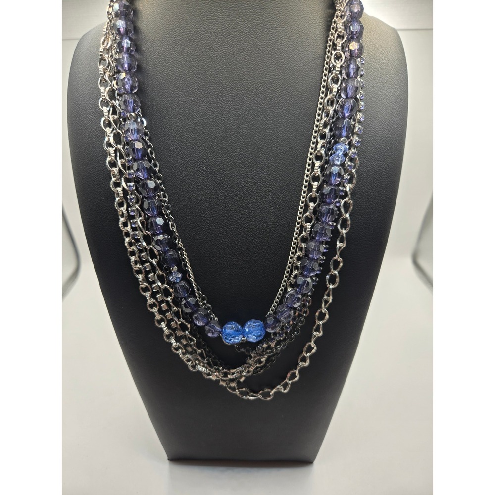 Multi Strand Beaded Statement Necklace Silver Tone Purple Blue Layered Chain